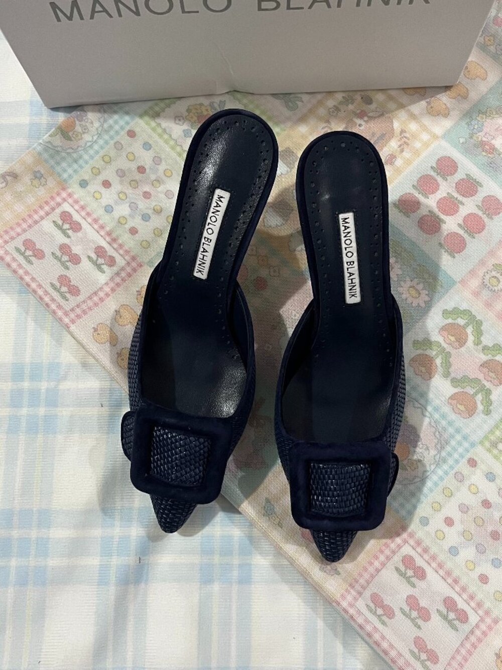 Manolo Blahnik Maysale Navy Woven-Effect Buckle Heeled Mules